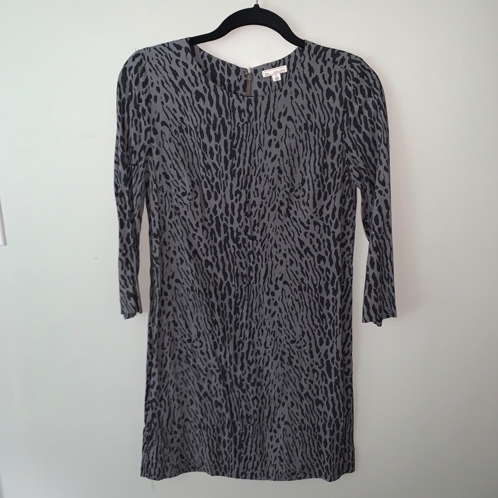 Gap Womens Grey Black Animal Print Rayon Shift Dress 3/4 Sleeve Size 2 RN54023